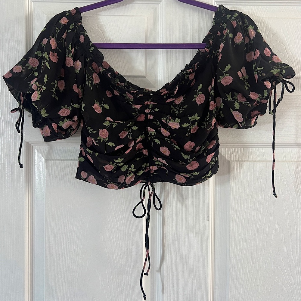Cotton Candy LA Floral Ruched Off the Shoulder Crop Top w/ Adjustable Ties